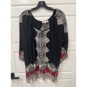 Sky And Sand Women Black Boho Print Rayon Tunic Blouse Top Large